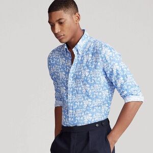 Polo Ralph Lauren 100% Linen Blue & White Hawaiian Print Long Sleeve Shirt XXL